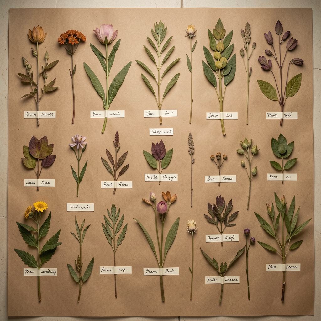 Colección de plantas botánicas secas y prensadas sobre papel kraft de gran formato, dispuestas en patrón ordenado con etiquetas escritas a mano, iluminación cenital de laboratorio natural