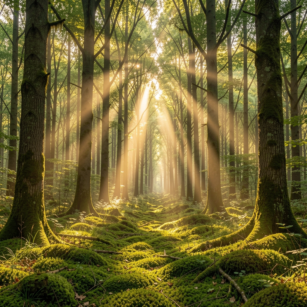 Vista panorámica de un bosque denso con luz solar filtrándose entre las copas de los árboles creando rayos de luz dorados sobre el suelo cubierto de musgo verde