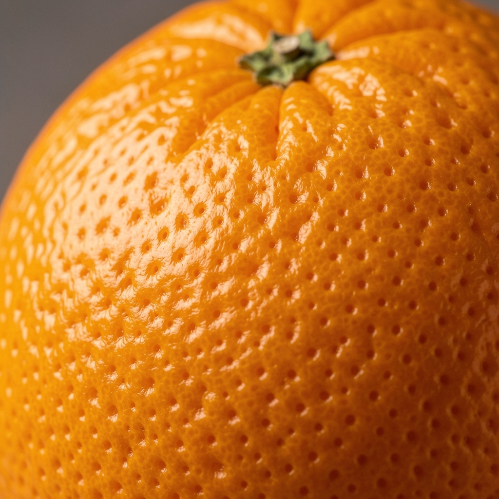 Superficie de piel de naranja con textura en macro fotografía, mostrando la estructura porosa y la pigmentación cítrica natural bajo luz estudio