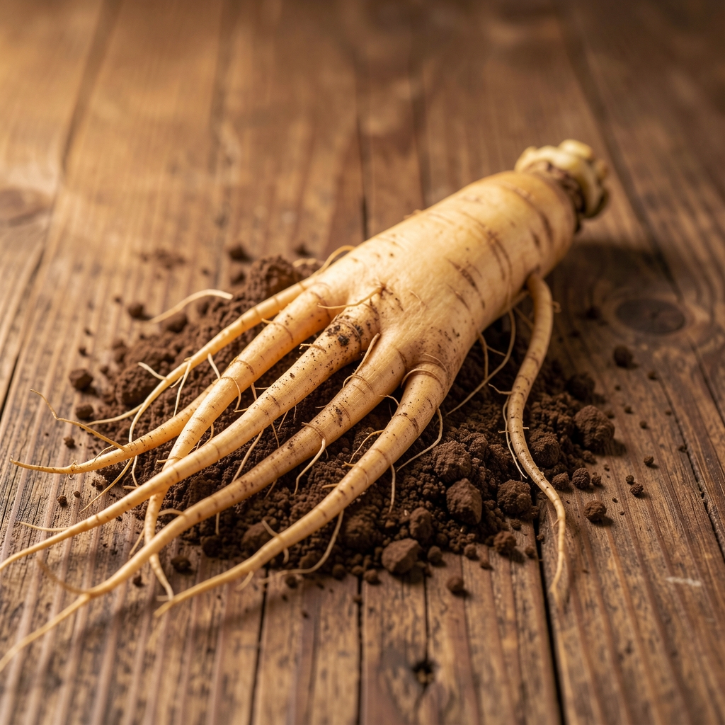 Raíz de ginseng fresca con tierra sobre superficie de madera rústica, raíces secundarias visibles y textura orgánica detallada en iluminación cálida