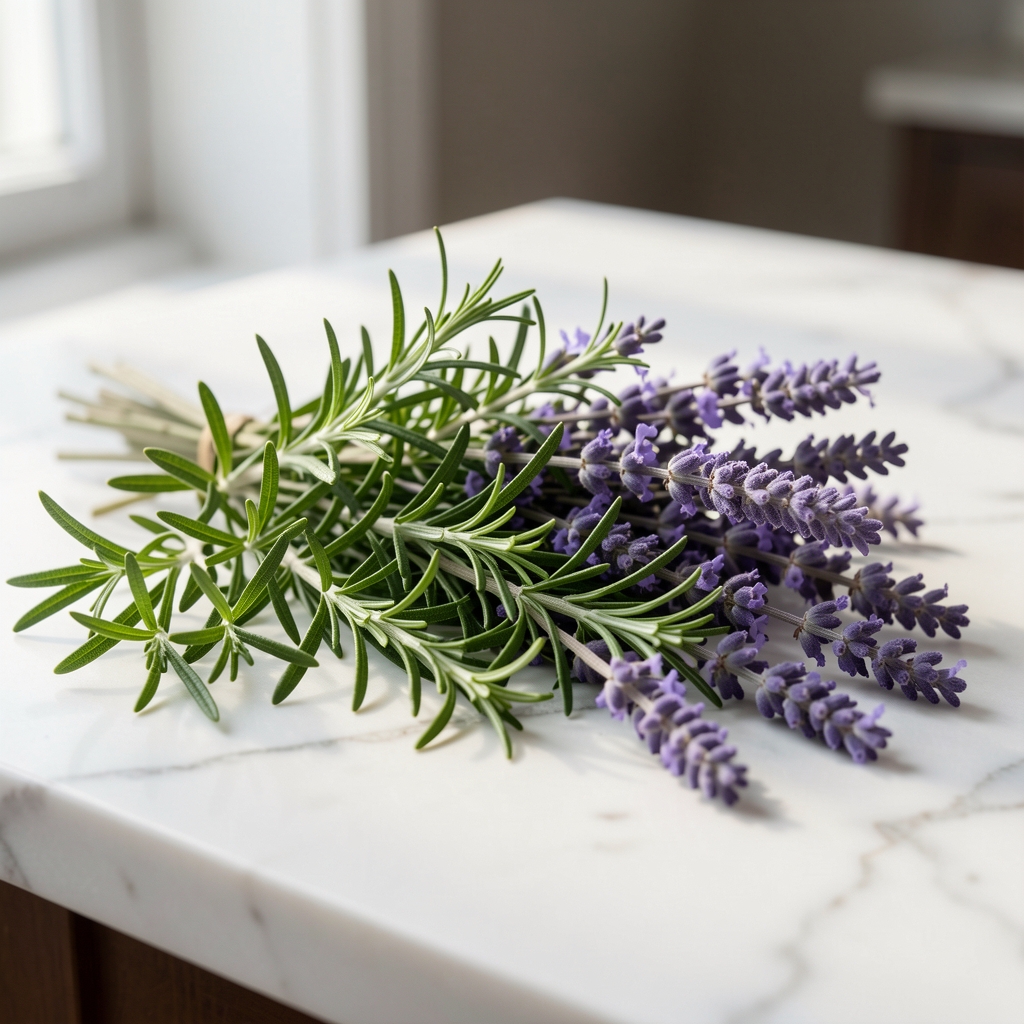 Ramo de hierbas aromáticas frescas incluyendo romero tomillo y lavanda sobre mesa de mármol blanco con luz natural lateral suave