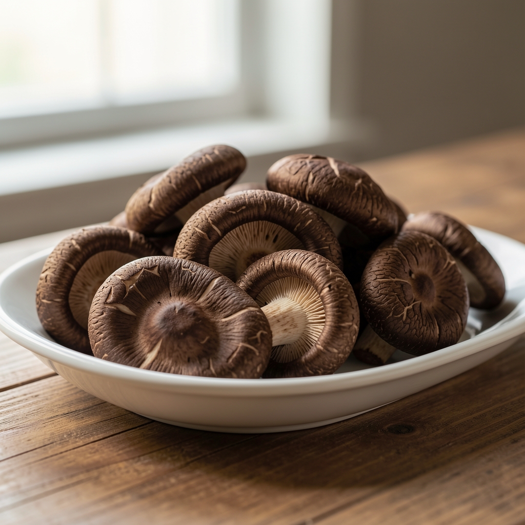 Hongos shiitake frescos en bandeja de cerámica blanca, textura marrón oscuro y bordes curvados, fotografiados con luz de ventana tenue