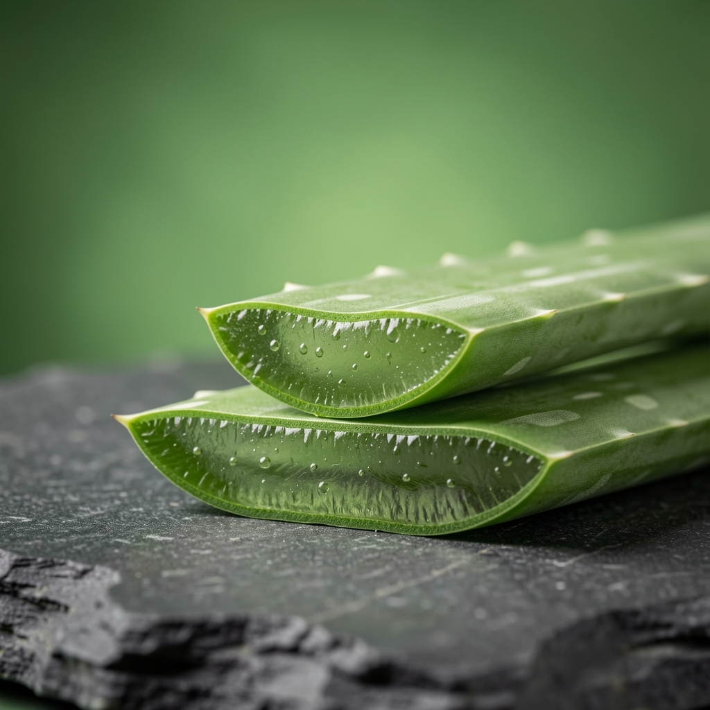 Hojas de aloe vera cortadas mostrando su gel interior translúcido y jugoso sobre superficie de piedra oscura con fondo verde difuminado en iluminación de estudio