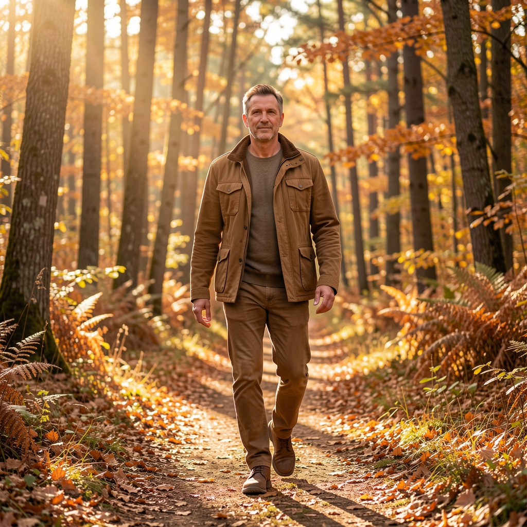 Hombre adulto de mediana edad caminando en sendero de bosque en otoño, ropa casual en tonos tierra, luz solar entre los árboles, expresión serena y paso tranquilo